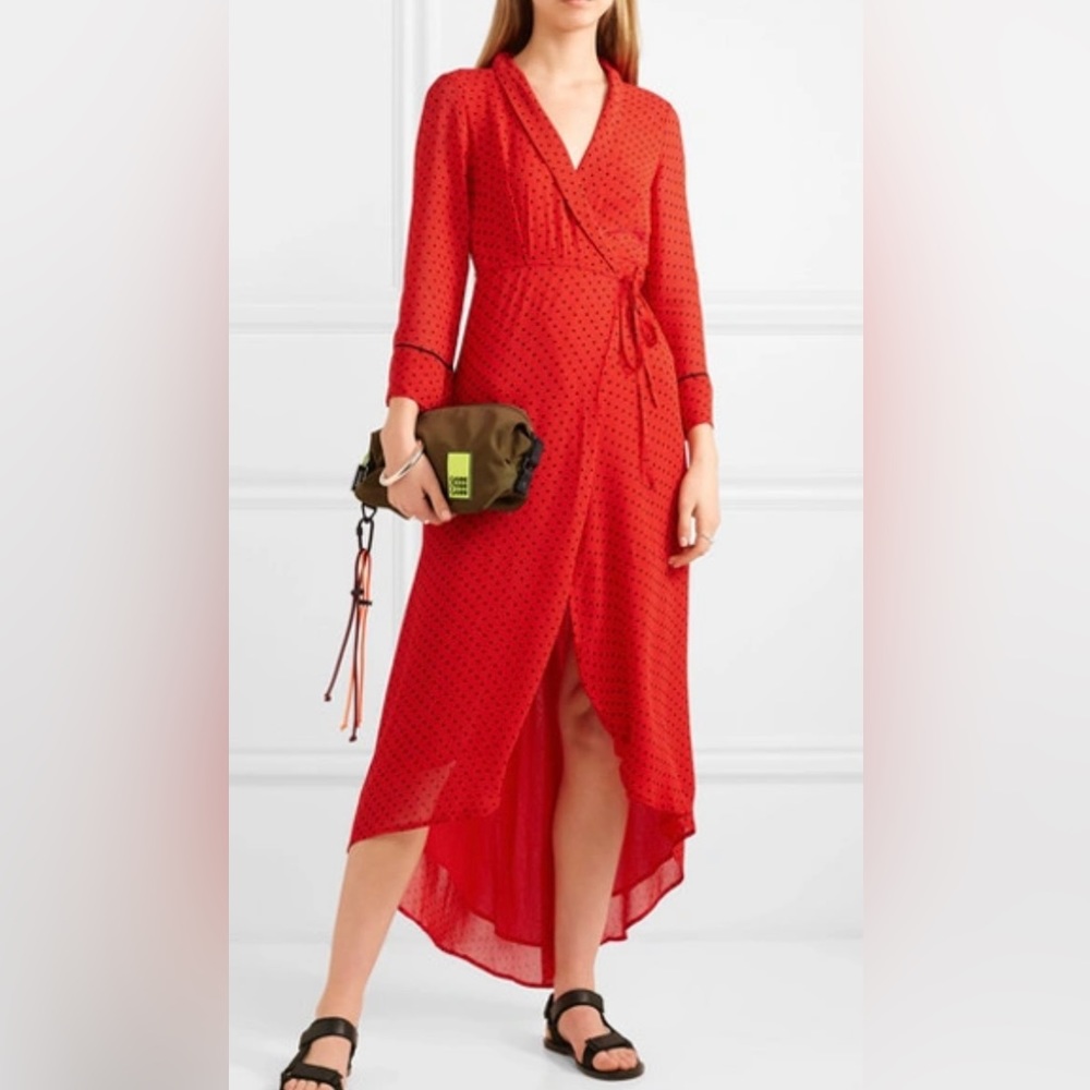 NWT GANNI Polka Dot Print Red Long Asymmetrical Dress Size 36 (4) Small